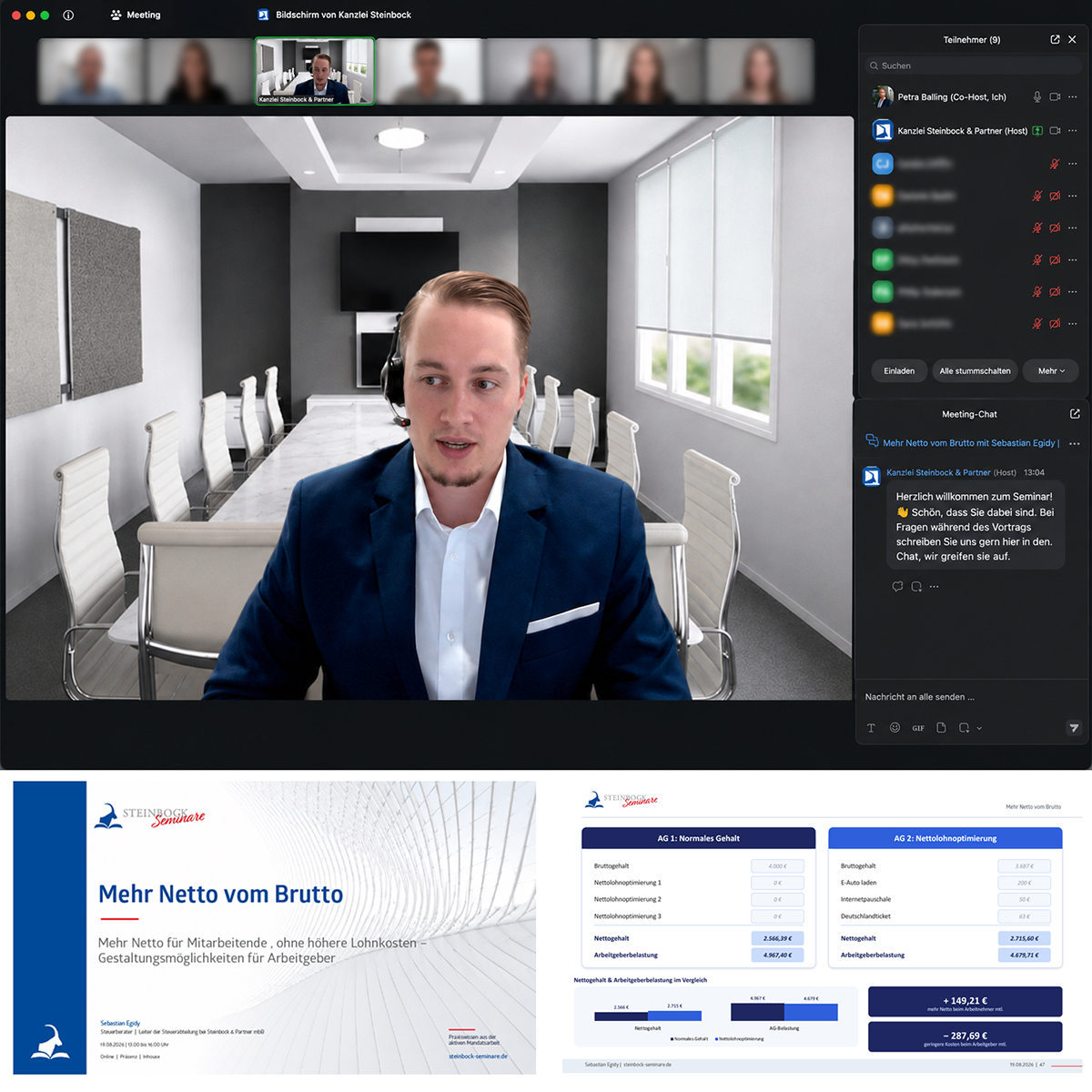 Sebastian Egidy beim Live-Webinar „Mehr Netto vom Brutto" mit Einblick in die Seminarfolien zur Nettolohnoptimierung